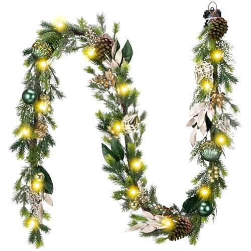 6Ft Prelit Christmas Garland with Pine Cone, Bow Ornaments (Green Gold) D83837