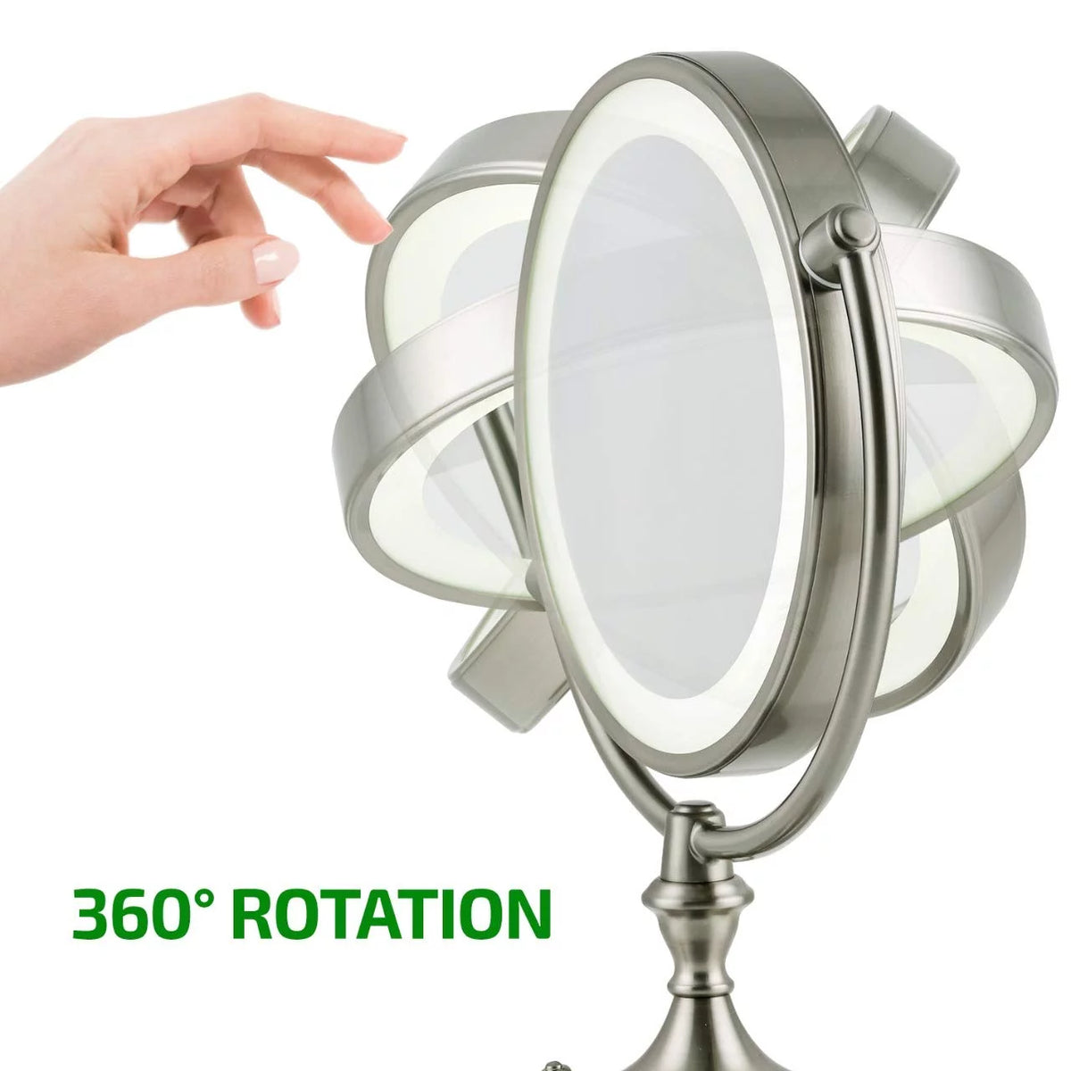 Lighted Makeup Mirror 9.5 Inch 1X 5X Magnifier Dimmable 360 Degree Double Sided LED Acrylic Edge Battery USB Powered Vanity K5523