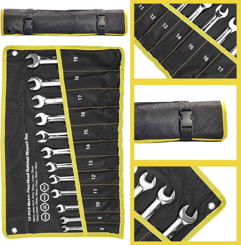 12-Piece Reversible Ratchet Combination Wrench Set, Metric, 8mm-19mm Chrome Vanadium Steel O841108