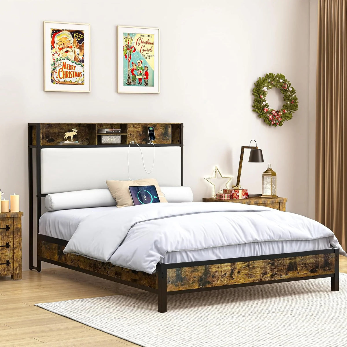 Queen Size Metal and Wood Headboard with Storage Shelves A814