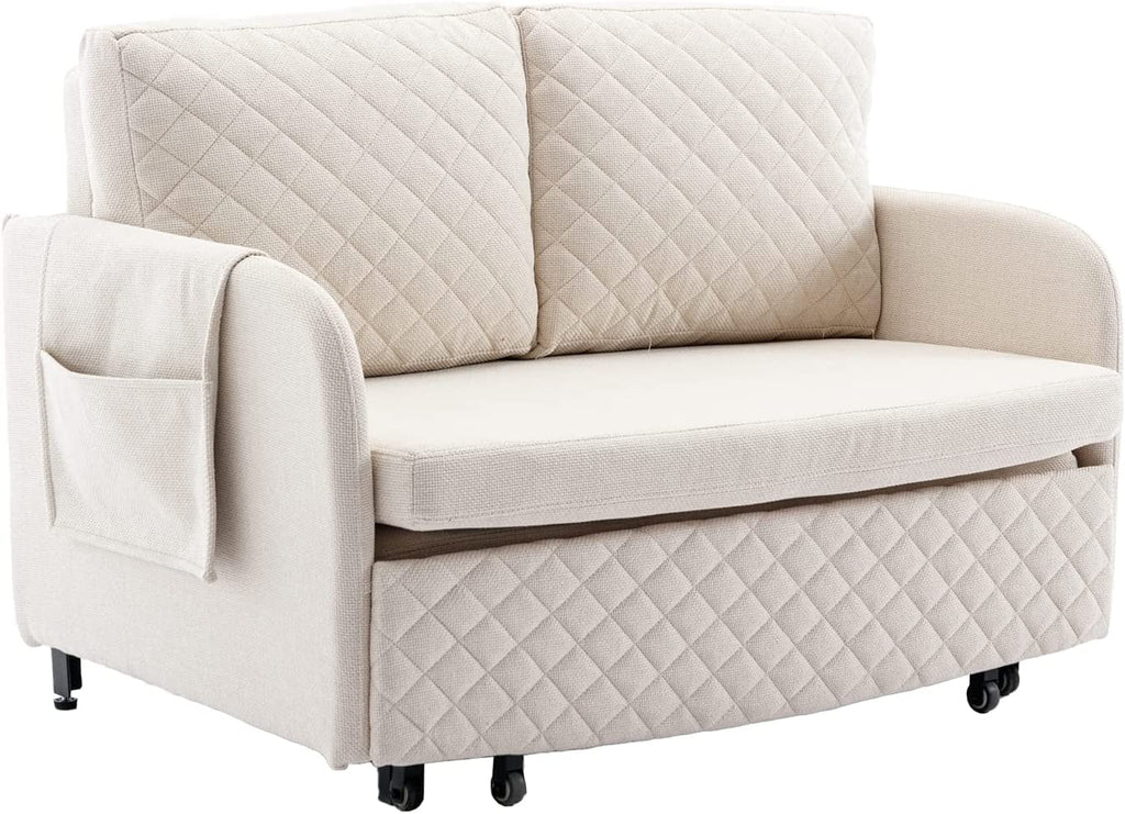 Mini Pull Out Couch Bed Twin Sleeper Sofa with Side Pocket Beige Linen Y62960