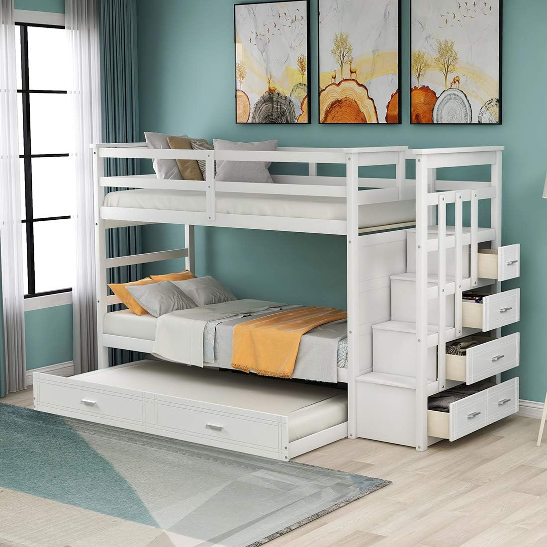 Gray Solid Wood Twin Over Twin Bunk Bed with Four Drawers and Trundle O993