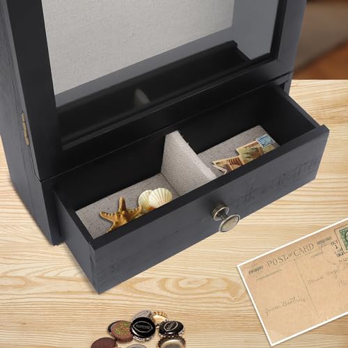 Black 3.2" Deep Shadow Box Display Case with Real Glass and Drawer S6418