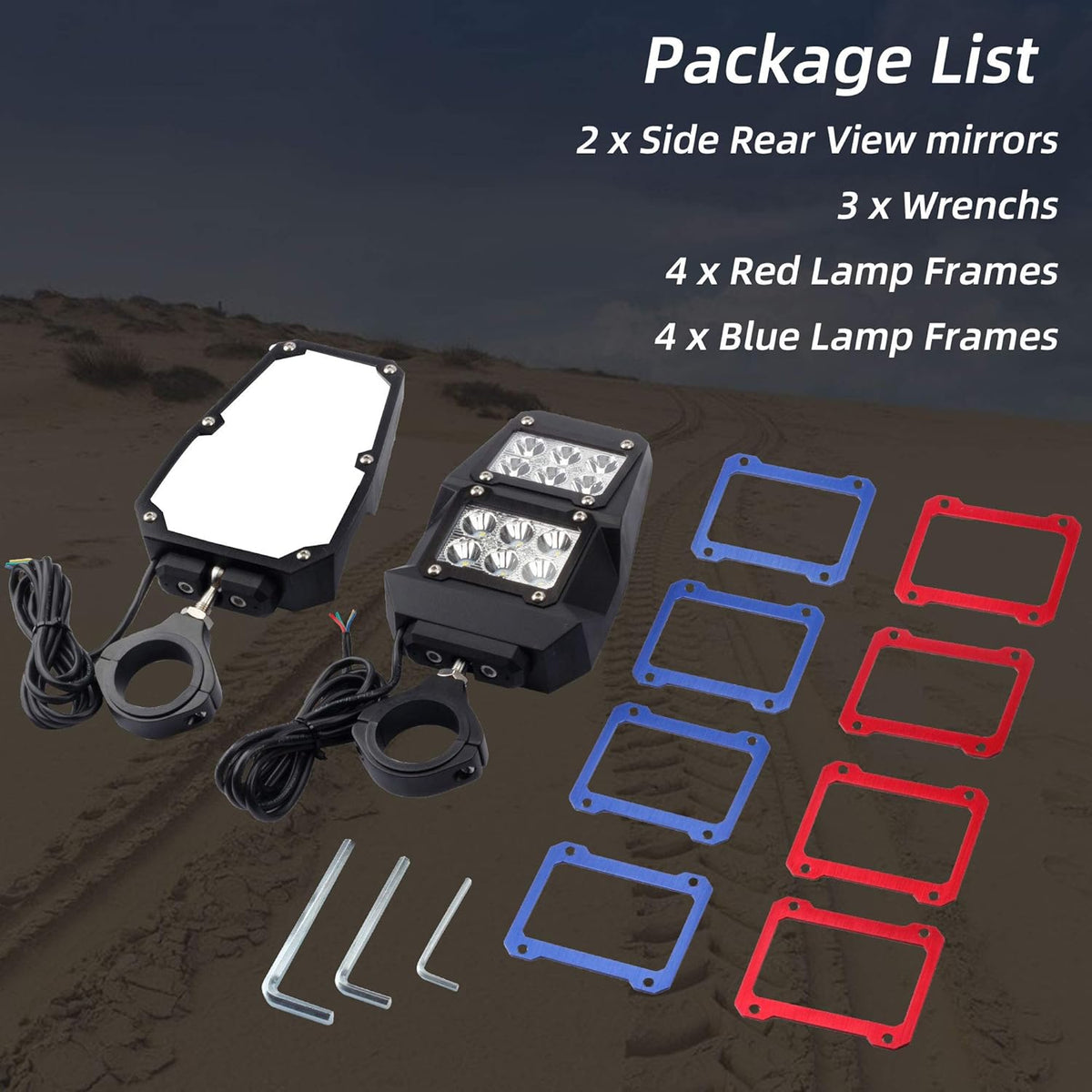 UTV Side Rear View Mirrors With LED Lamp for 1.75 - 2 Diameter Round Tube Roll Cages A4478