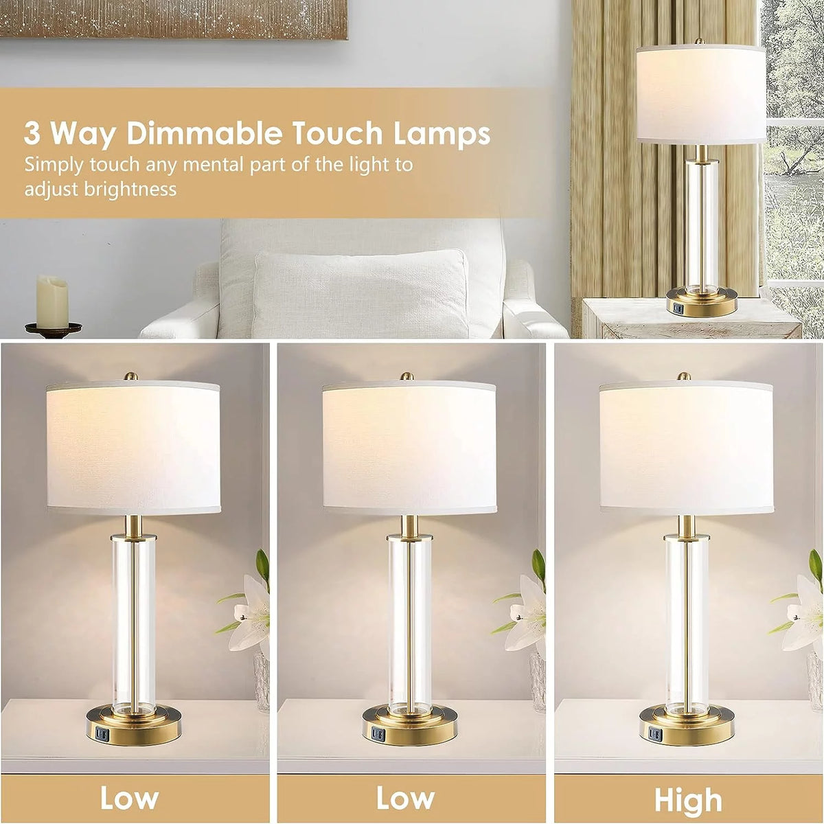 Touch Control Gold Table Lamps Set of 2 with USB Ports K791351