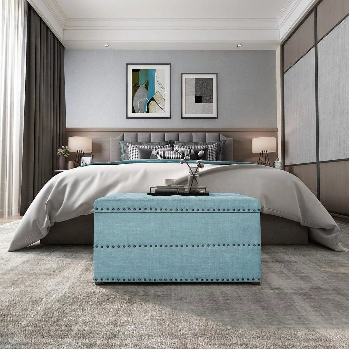 Beige Button Tufted Lift Top Storage Bench Q74558