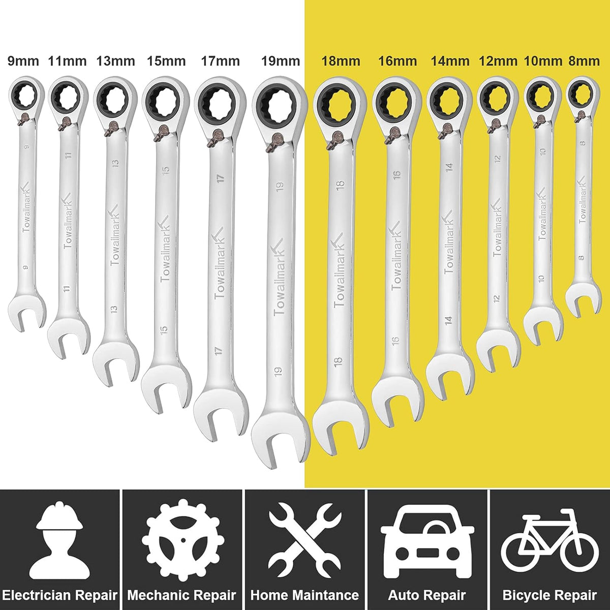 12-Piece Reversible Ratchet Combination Wrench Set, Metric, 8mm-19mm Chrome Vanadium Steel O841108
