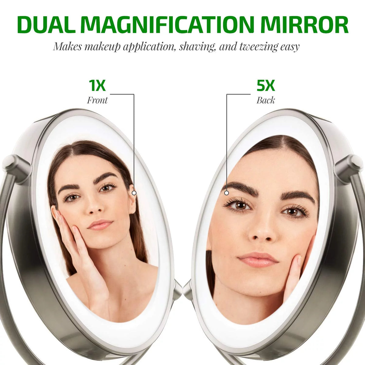 Lighted Makeup Mirror 9.5 Inch 1X 5X Magnifier Dimmable 360 Degree Double Sided LED Acrylic Edge Battery USB Powered Vanity K5523