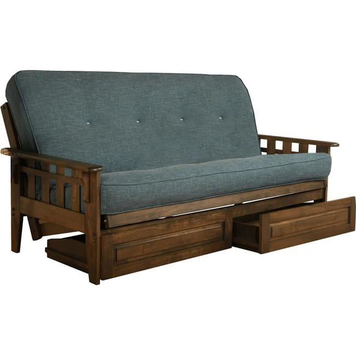 Rustic Walnut/Blue Linen Fabric Mattress Frame T327866