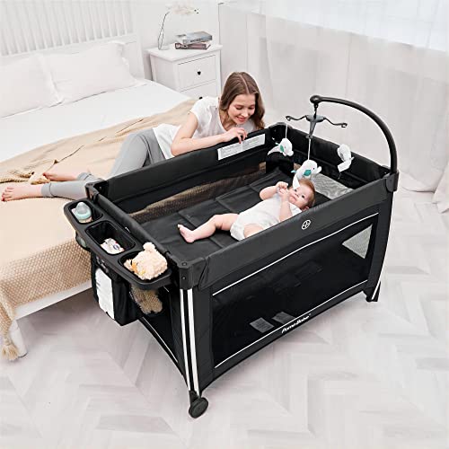 4 in 1 Portable Baby Crib with Bassinet, Mattress, Changing Table (Black) L353