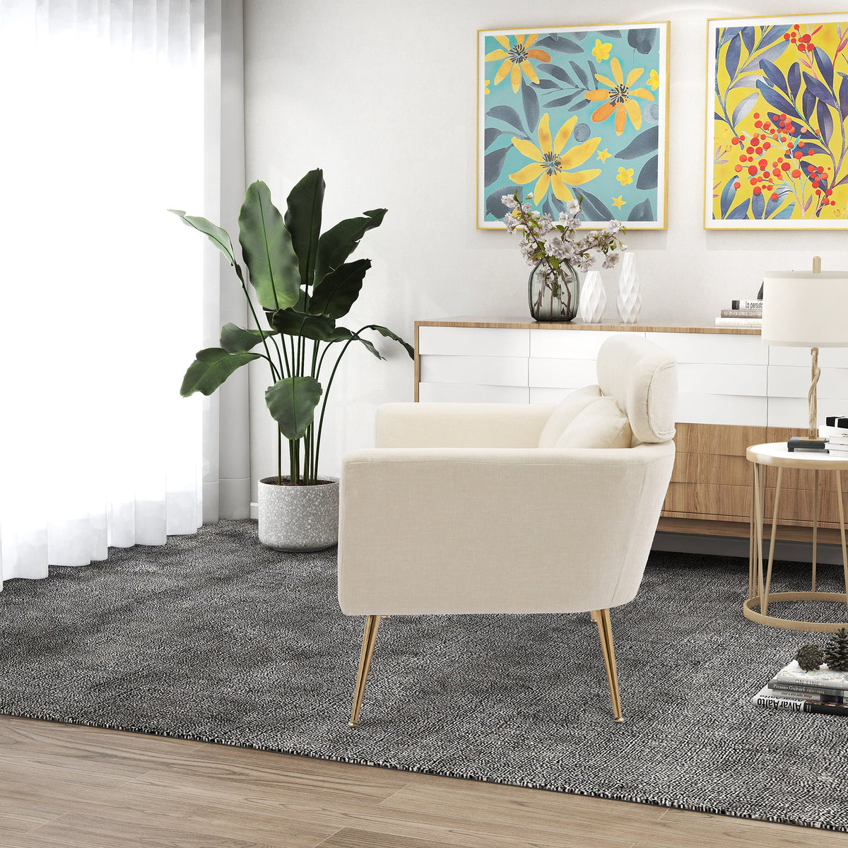 Mid Century Modern Chenille Two-Seater Sofa with 2 Throw Pillows Y40780