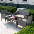 4 Piece Wicker Patio Conversation Furniture Set with Glass-Top Coffee Table & Gray Cushions T79435