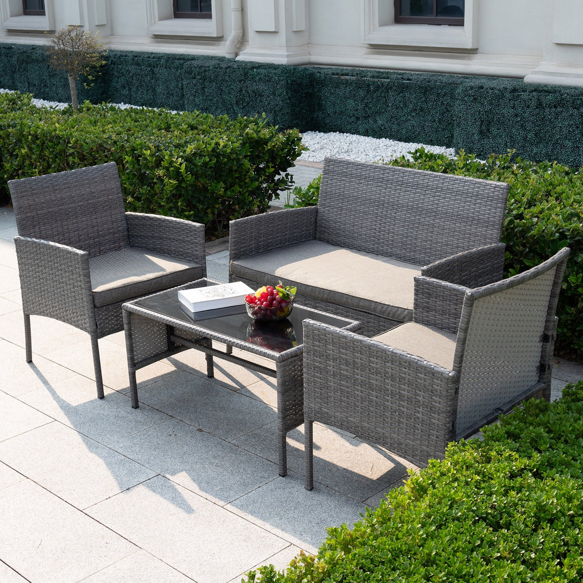4 Piece Wicker Patio Conversation Furniture Set with Glass-Top Coffee Table & Gray Cushions T79435