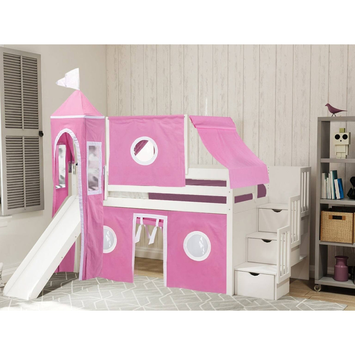 Twin Loft Bed with Slide and Tent A1001