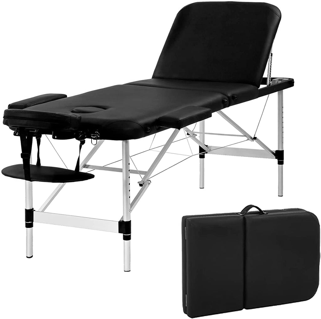 Portable 3 Folding 73 Inch Height Adjustable Aluminium Massage Table with Carry Case (Black) R3047