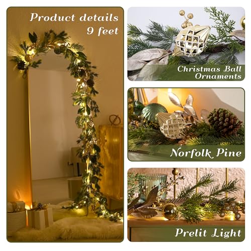 6Ft Prelit Christmas Garland with Pine Cone, Bow Ornaments (Green Gold) D83837