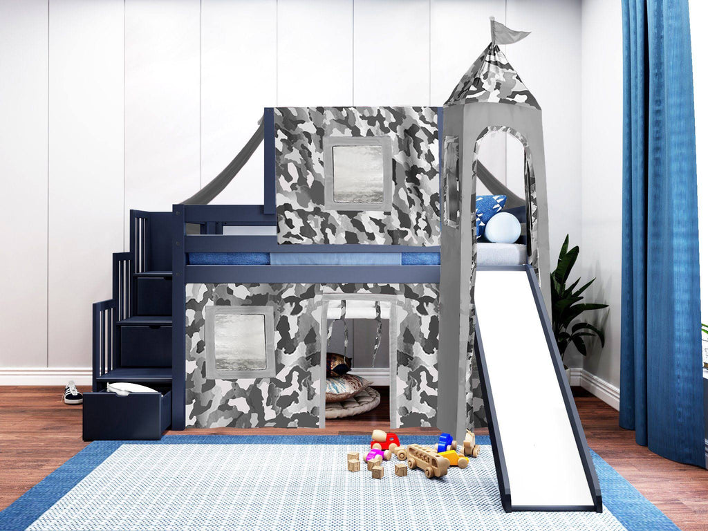 Twin Loft Bed with Slide and Tent A1001