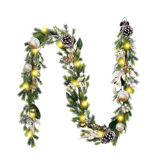 6Ft Prelit Christmas Garland with Pine Cone, Bow Ornaments (Green Gold) D83837
