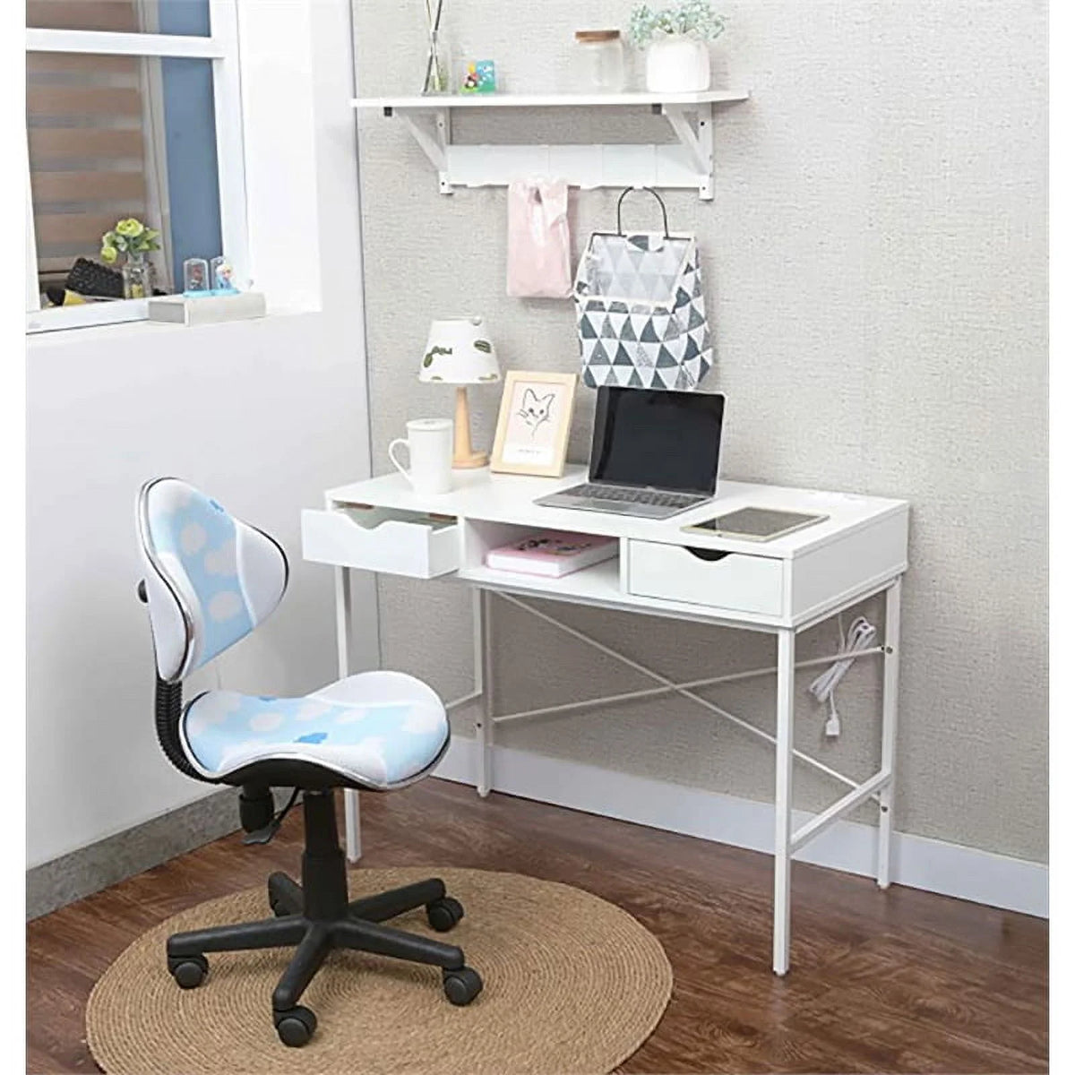 Large White Wood Writing Desk with Drawer J1435