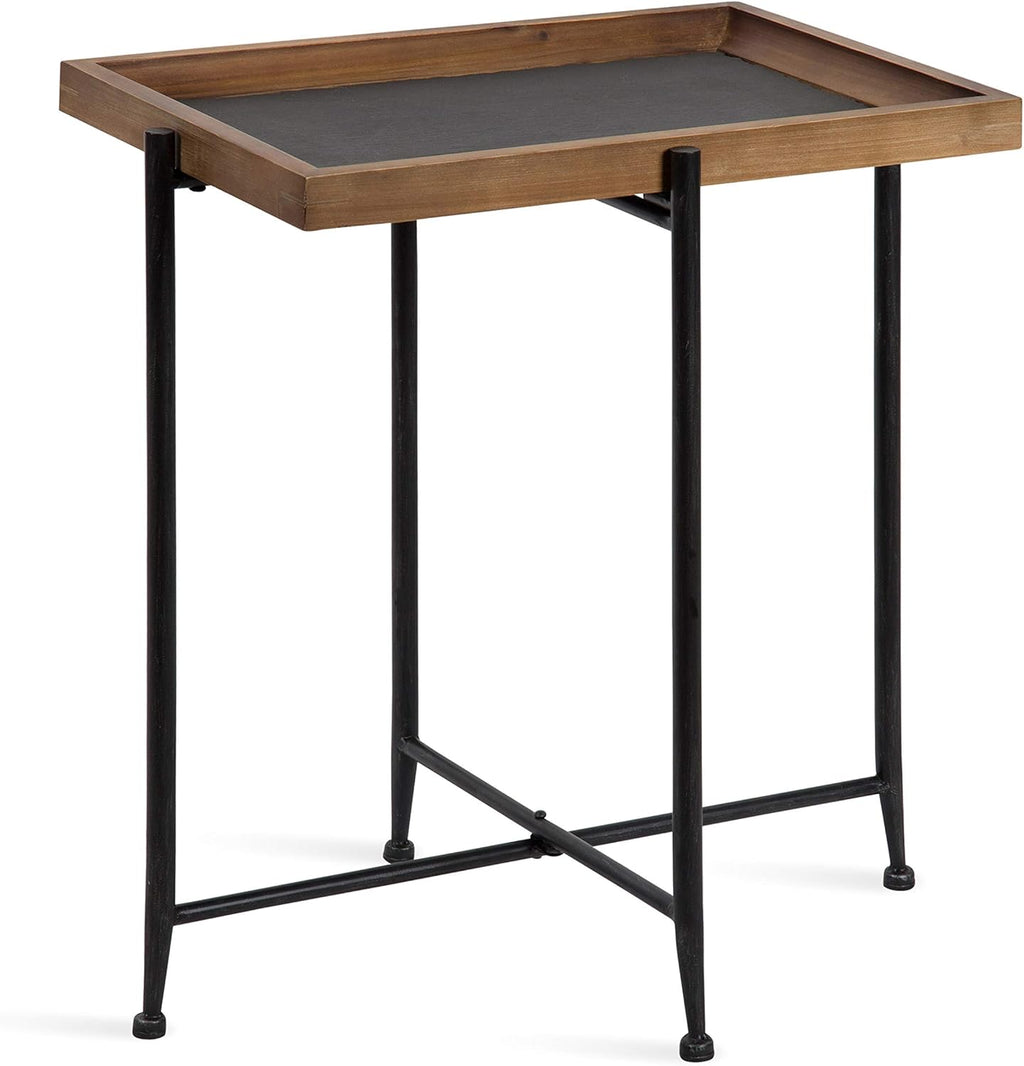 Rustic Brown Wood and Slate Side Accent Table with Black Iron Metal Base M5780