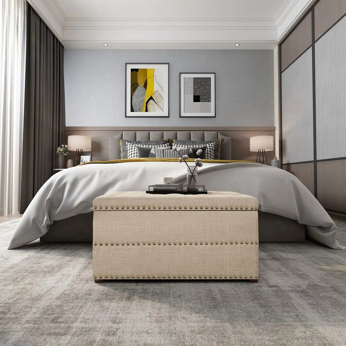 Beige Button Tufted Lift Top Storage Bench Q74558
