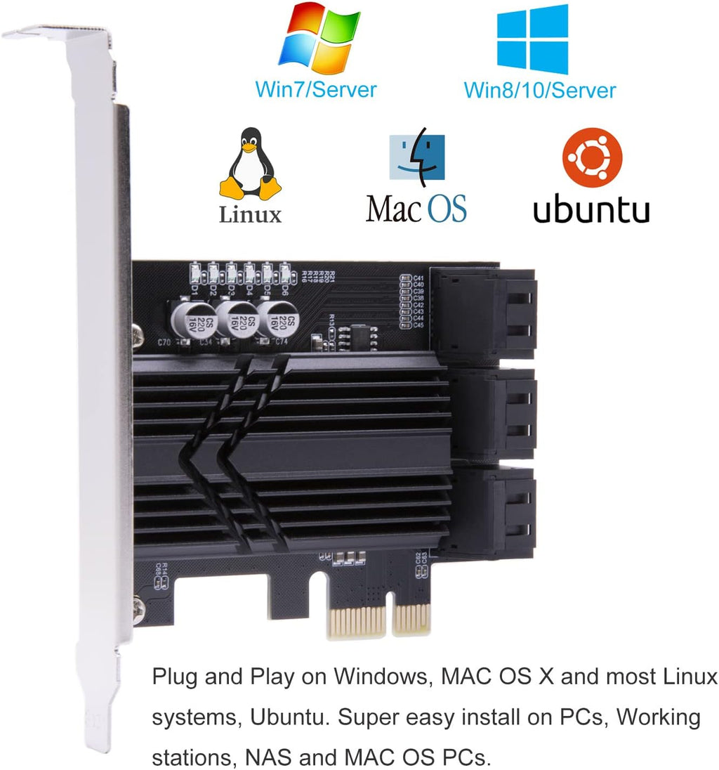 6 Ports PCIe SATA 3.0 6Gbps Expansion Controller Card with 6 SATA Cables and Heatsink E3188
