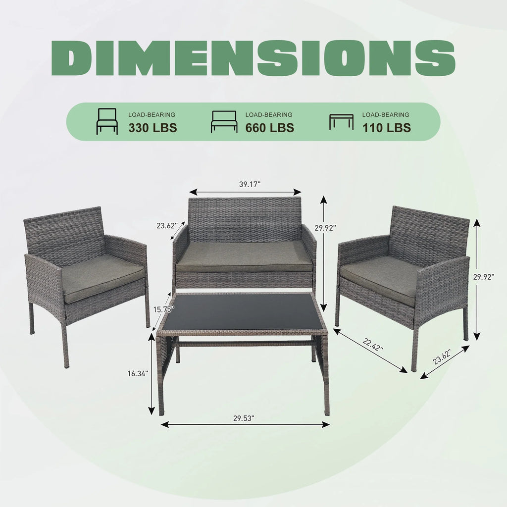 4 Piece Wicker Patio Conversation Furniture Set with Glass-Top Coffee Table & Gray Cushions T79435