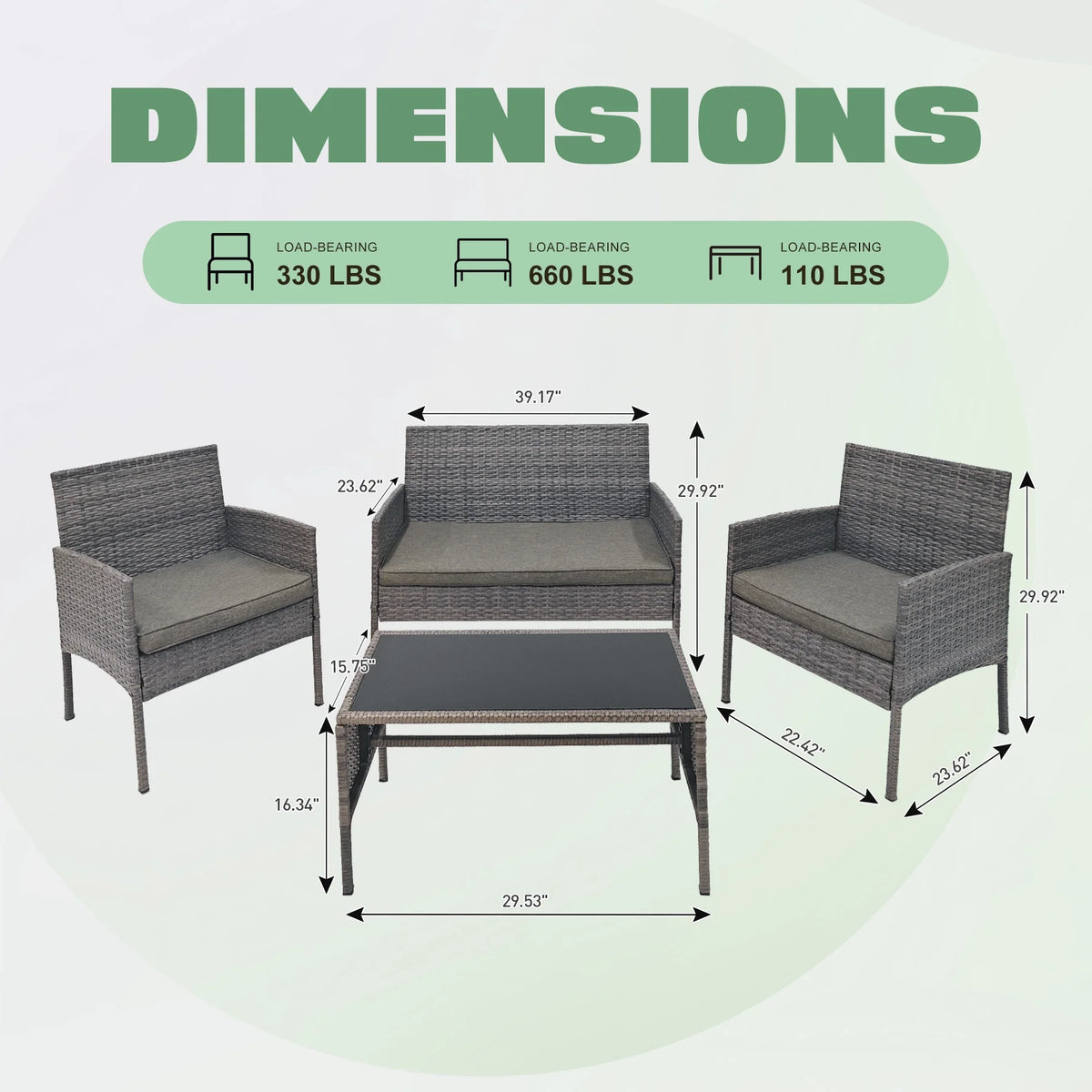 4 Piece Wicker Patio Conversation Furniture Set with Glass-Top Coffee Table & Gray Cushions T79435