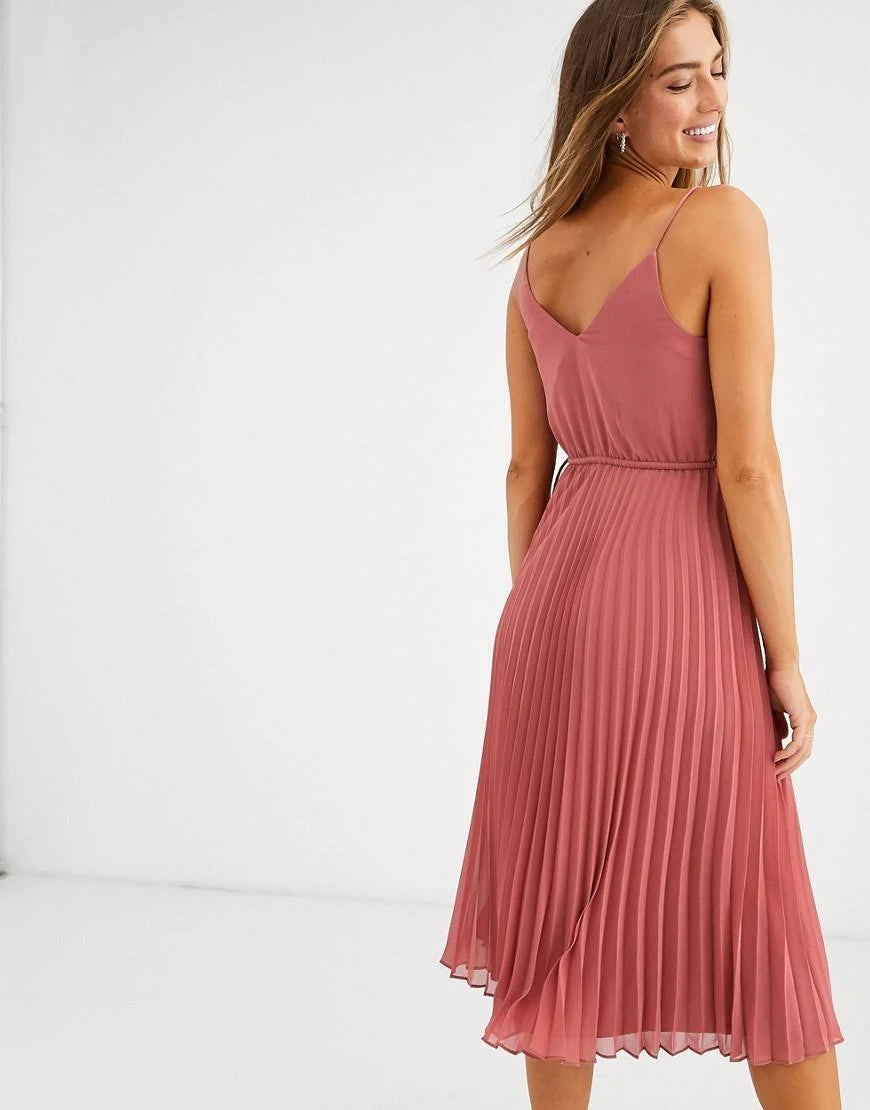 Dark Pink Pleated Cami Midi Dress with Drawstring Waist J279921