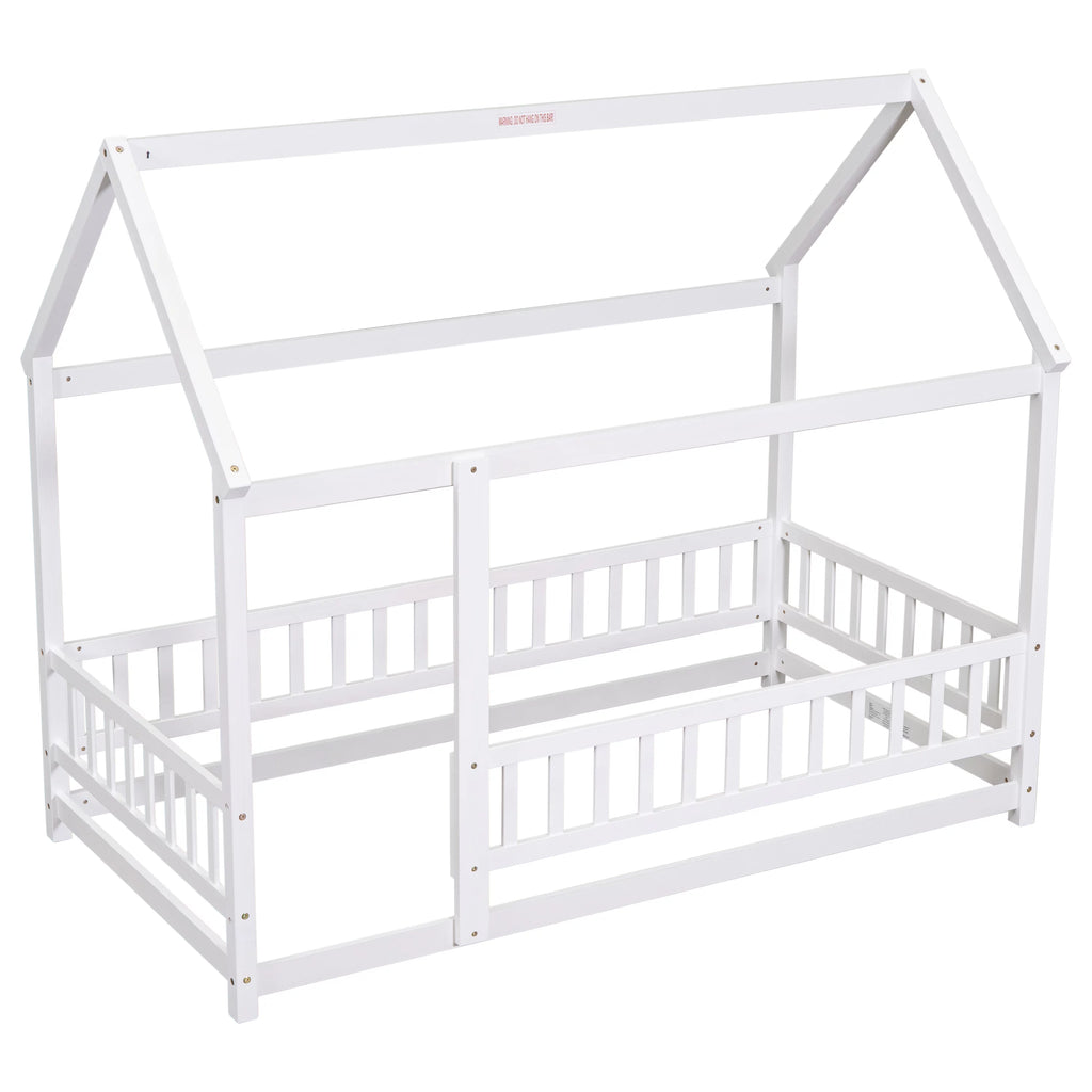 Twin Size Wooden House Bed with Roof and Fence K360368