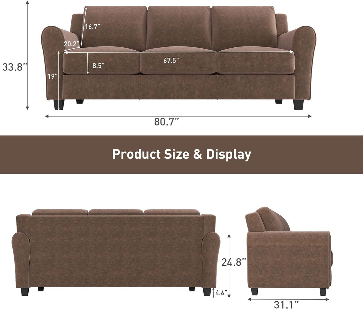 Brown 3 Seater Sofa Couch with Thicked Cushion O209
