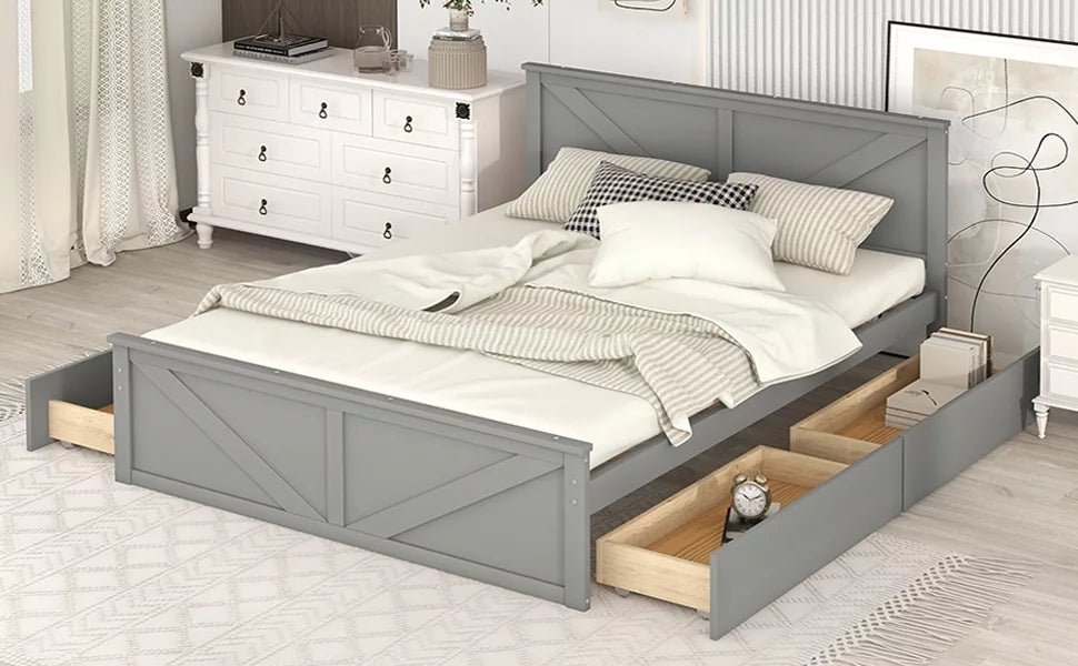 Gray Wood Queen Size Platform Bed with 4 Storage Drawers Z462575