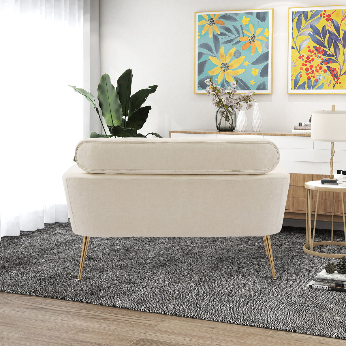 Mid Century Modern Chenille Two-Seater Sofa with 2 Throw Pillows Y40780