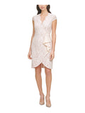 Beige Cap Sleeve Surplice Neckline Above The Knee Body Con Dress K2207