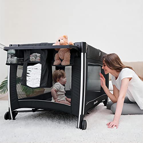 4 in 1 Portable Baby Crib with Bassinet, Mattress, Changing Table (Black) L353