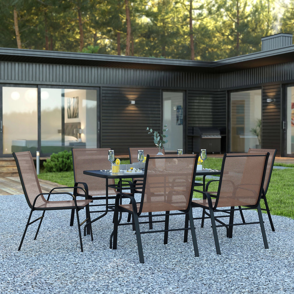 7 Piece Outdoor Patio Dining Set with 6 Brown Stack Chairs Y76755