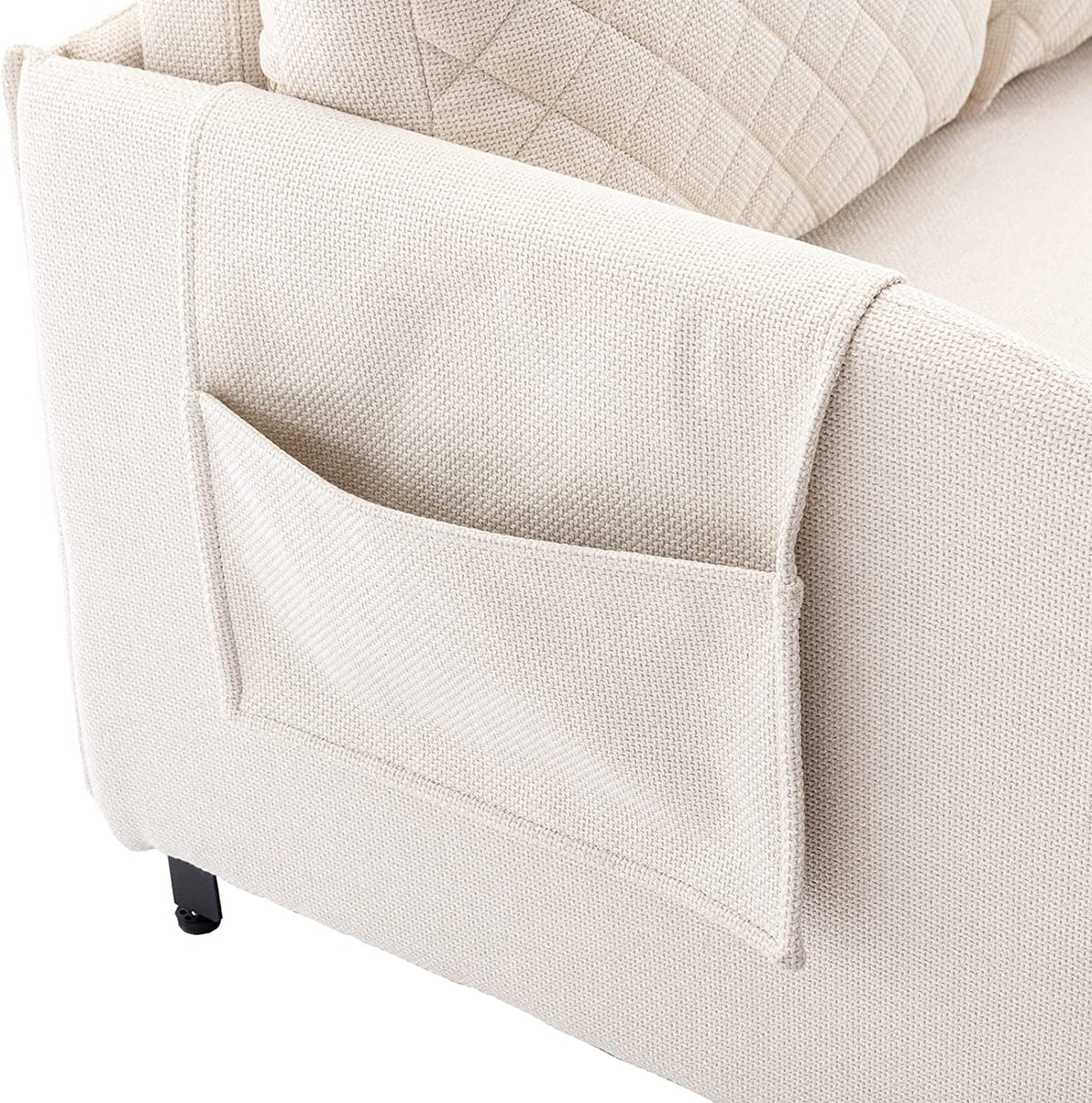 Mini Pull Out Couch Bed Twin Sleeper Sofa with Side Pocket Beige Linen Y62960