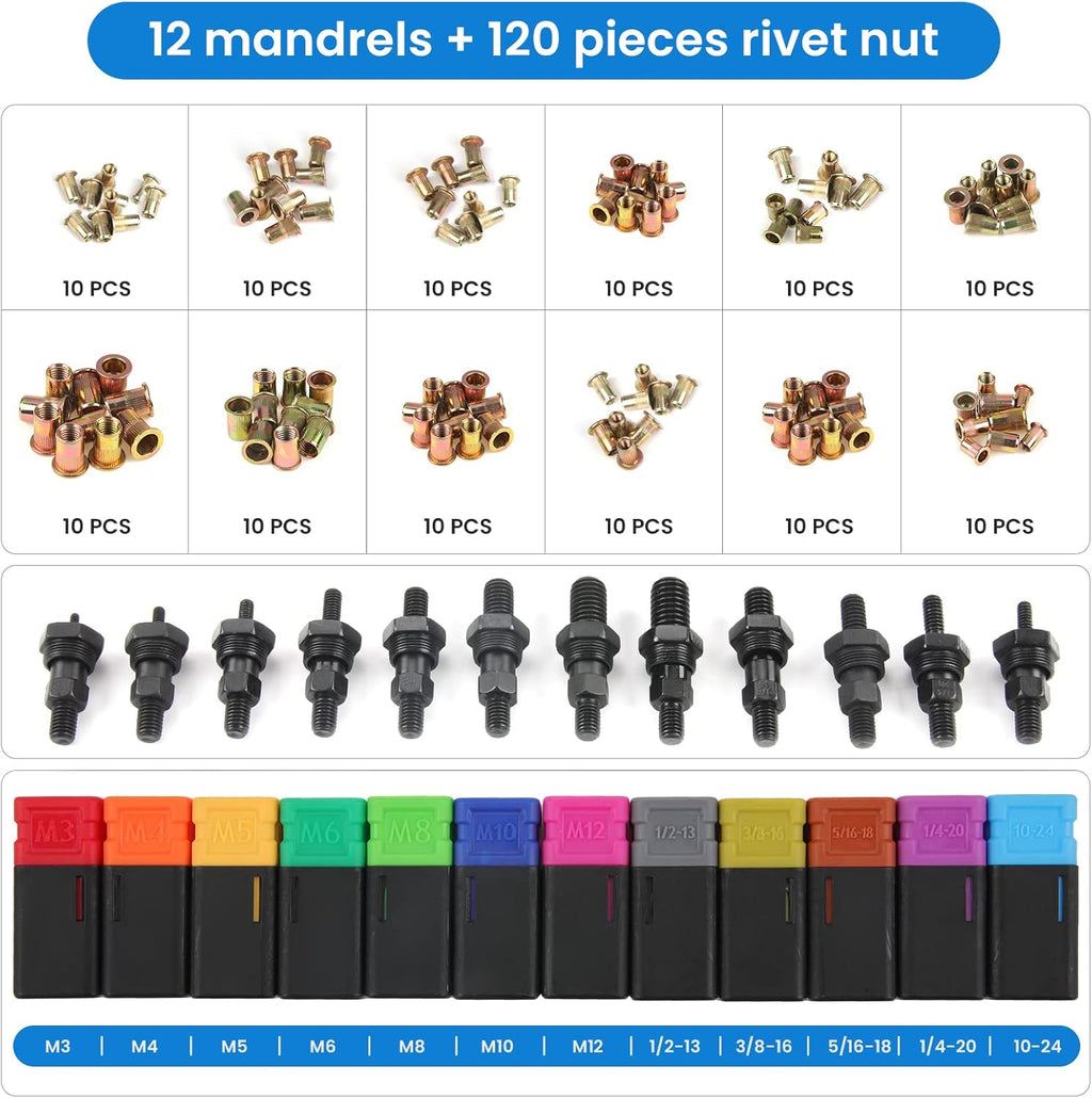 16 Rivet Tool Kit with 120PCS Rivet Nuts & Plastic Case J87117