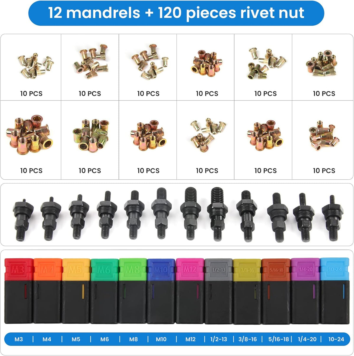 16 Rivet Tool Kit with 120PCS Rivet Nuts & Plastic Case J87117