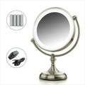 Lighted Makeup Mirror 9.5 Inch 1X 5X Magnifier Dimmable 360 Degree Double Sided LED Acrylic Edge Battery USB Powered Vanity K5523