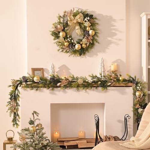 6Ft Prelit Christmas Garland with Pine Cone, Bow Ornaments (Green Gold) D83837