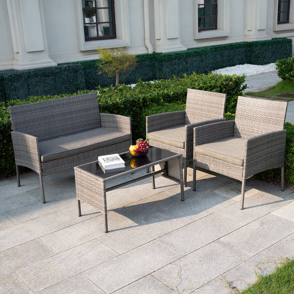 4 Piece Wicker Patio Conversation Furniture Set with Glass-Top Coffee Table & Gray Cushions T79435