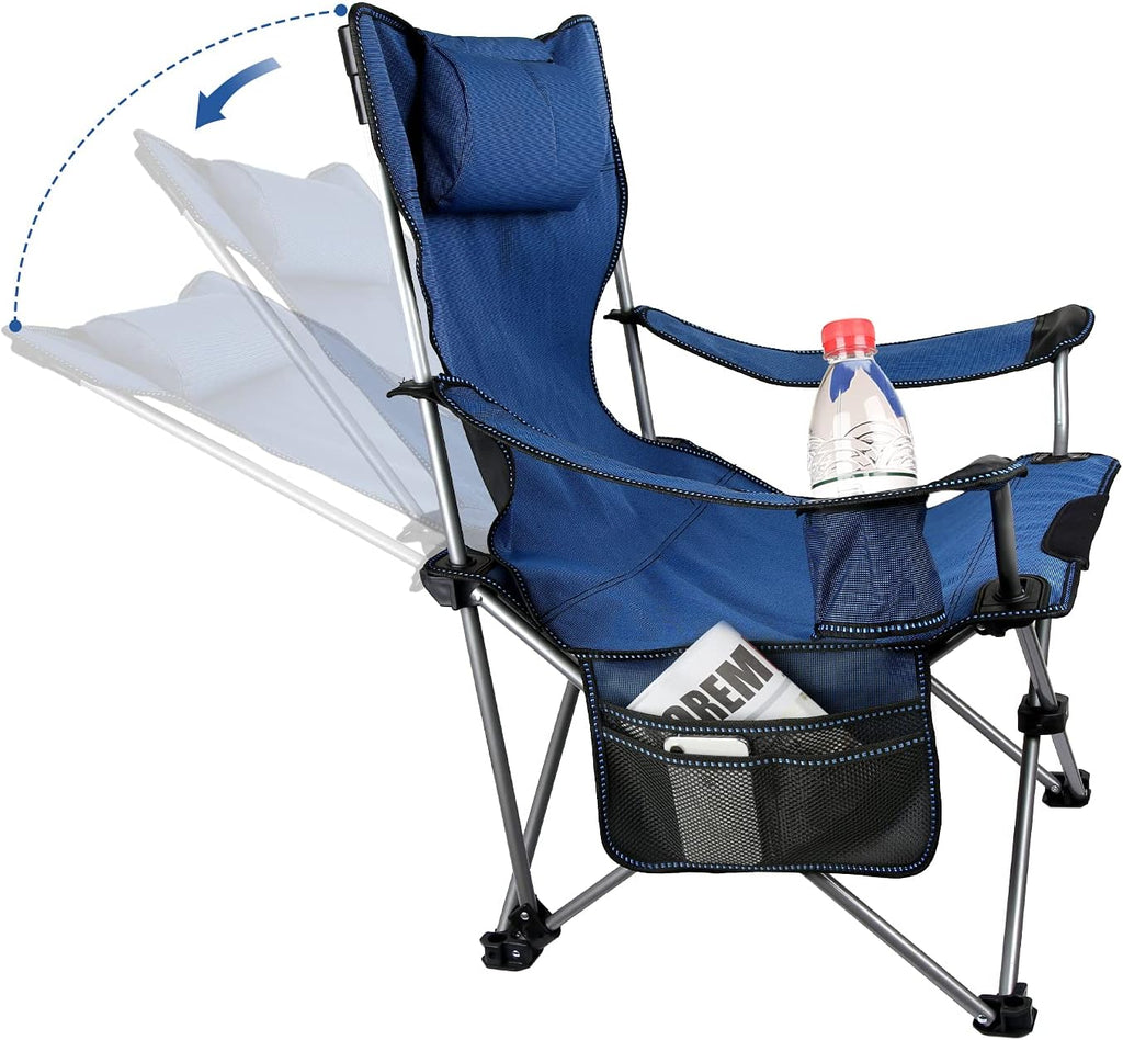 Green Folding Recliner Camping Chair with Headrest Cup Holders Side Pocket R42955