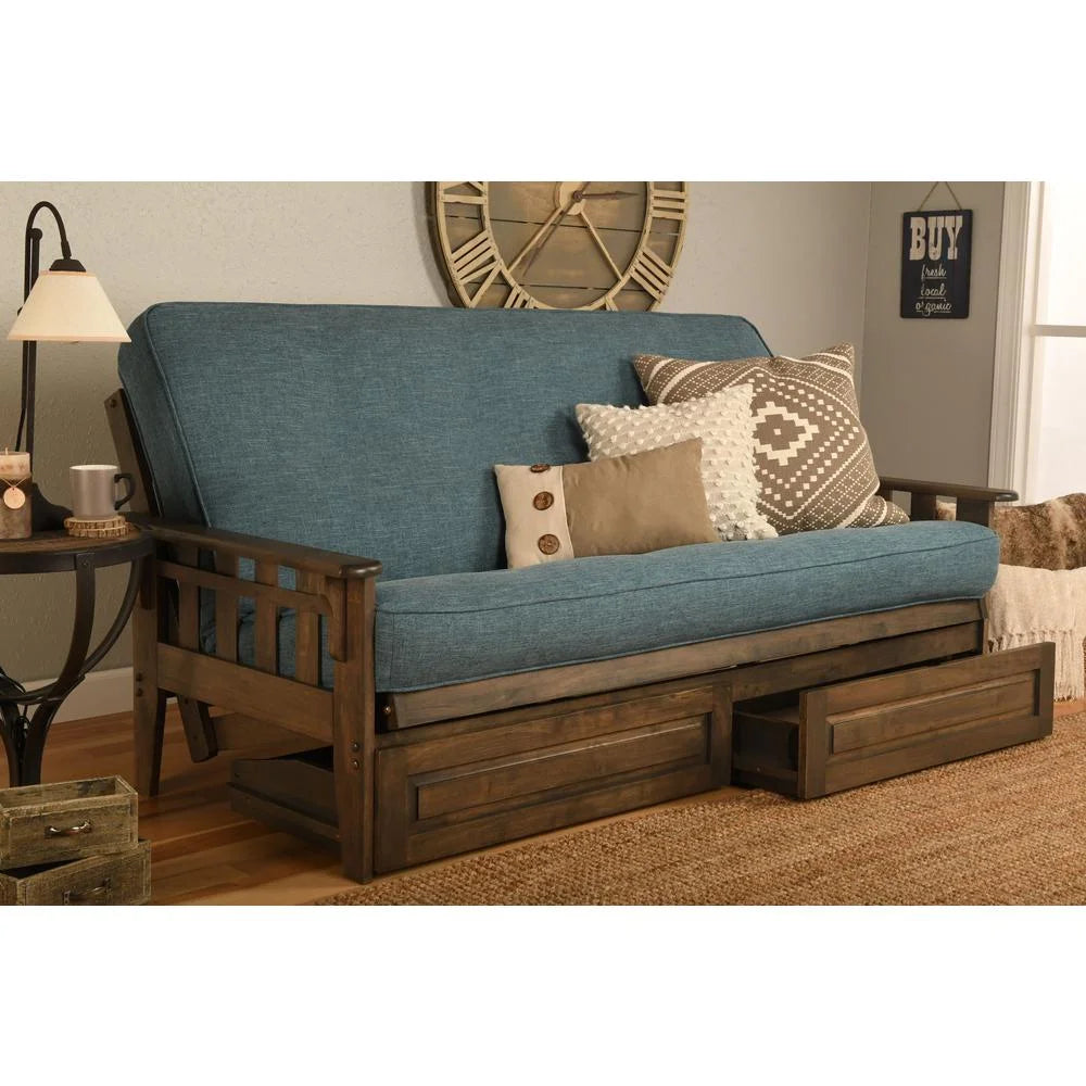 Rustic Walnut/Blue Linen Fabric Mattress Frame T327866