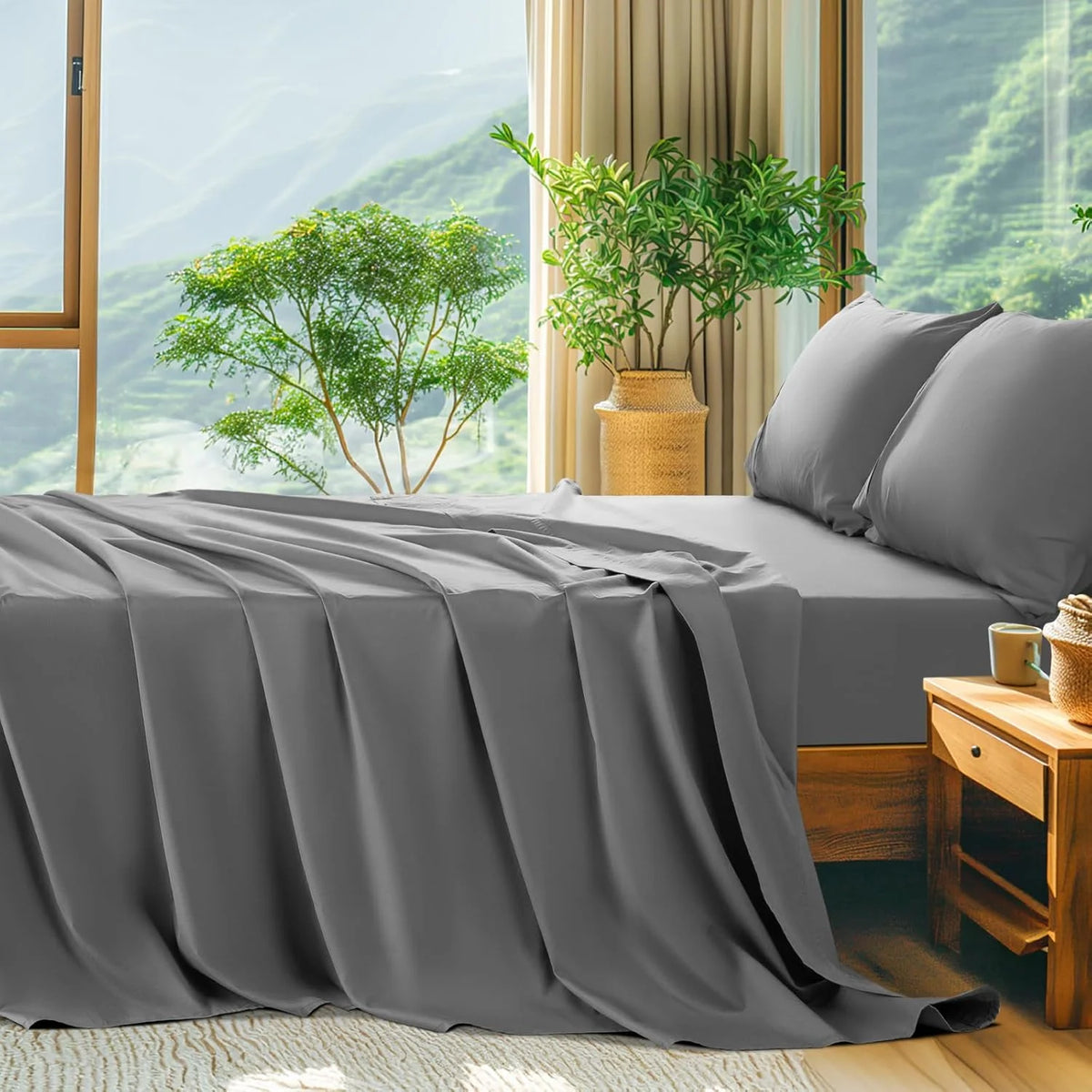 King Size 4 PC Cotton Sateen Weave Bed Sheet Set with Deep Pocket U752