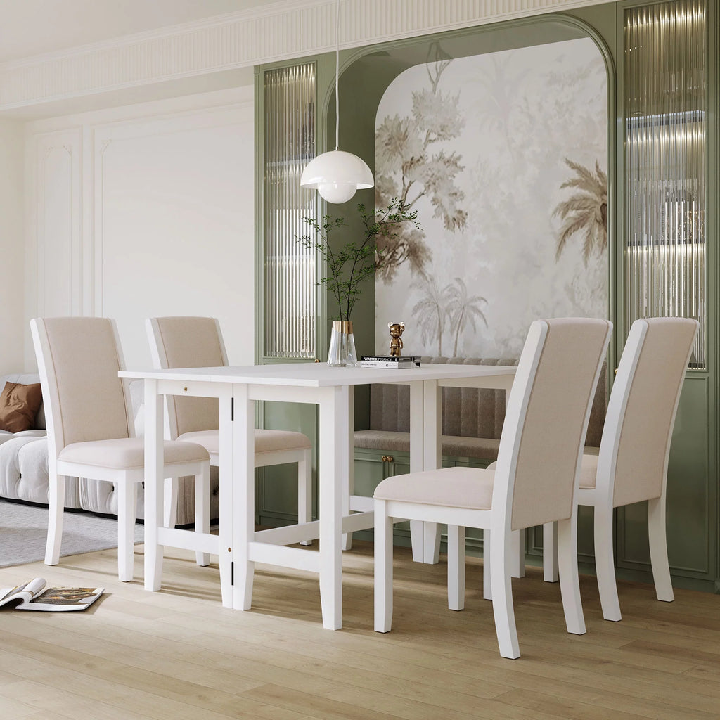 5-Piece Wood Extendable Dining Table Set with Drop Leaf and 4 Upholstered Chairs J9749