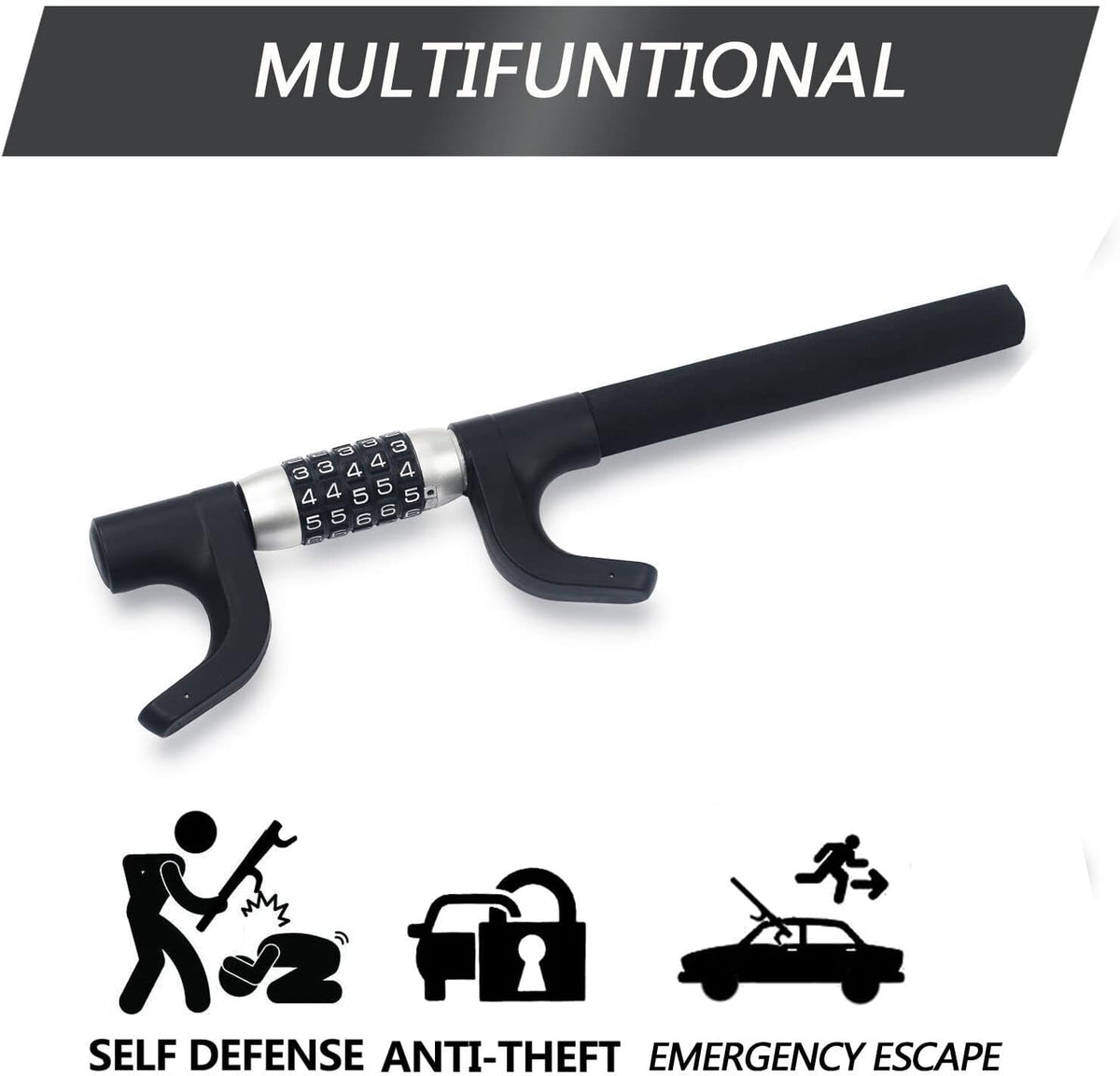 Heavy Duty Retractable Two Hooks Steering Wheel Lock V431