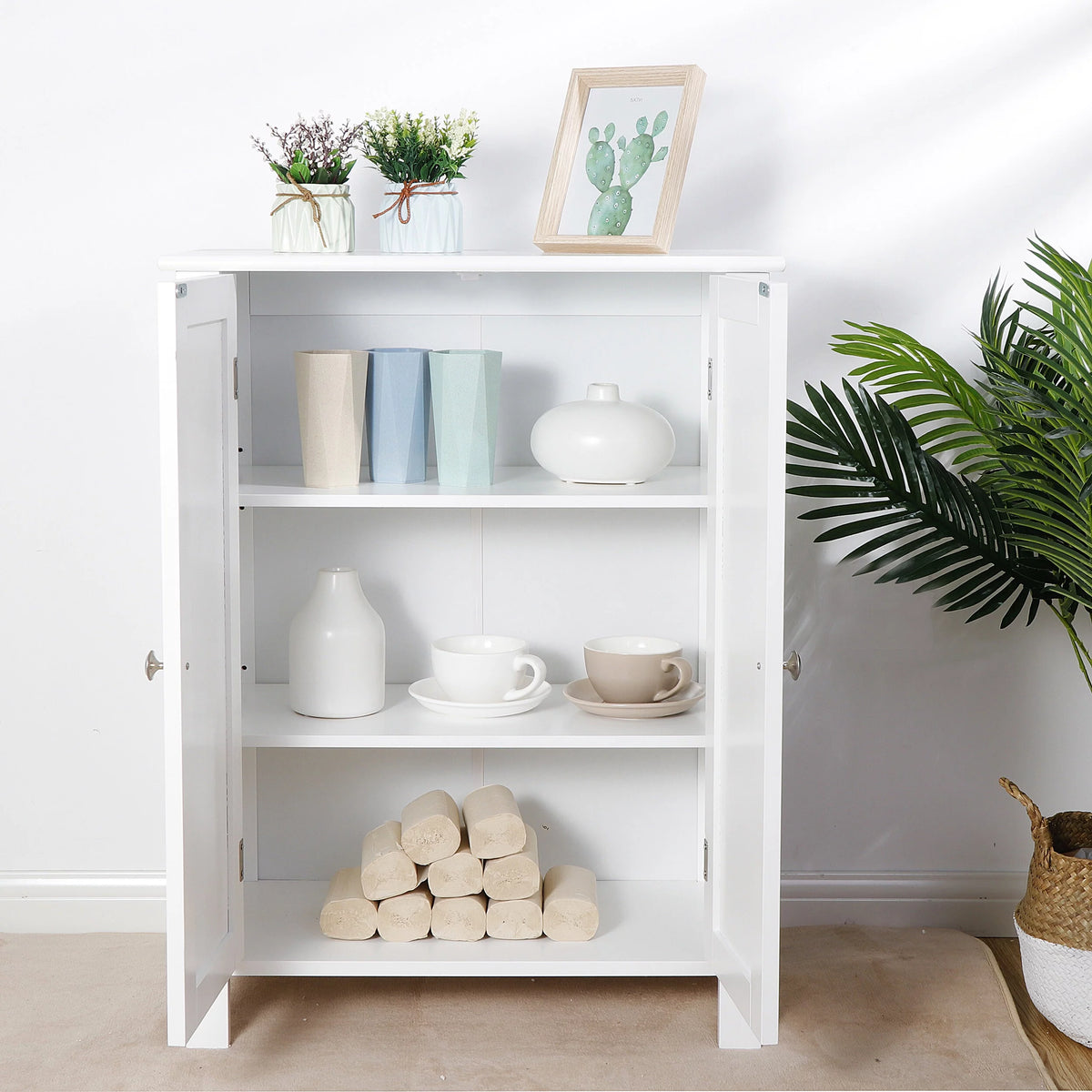 2-Door White Bathroom Floor Storage Cabinet with Adjustable Shelves H70317