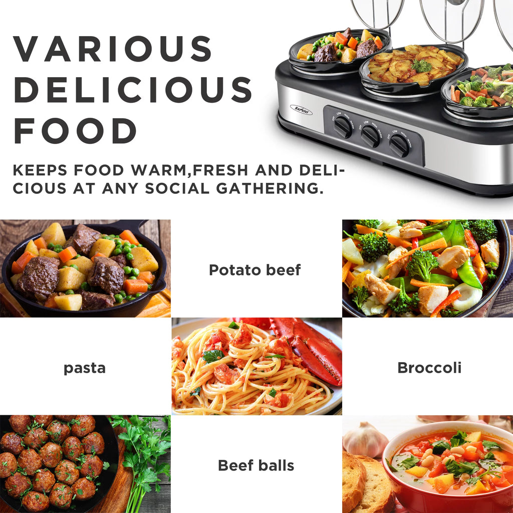 Stainless Steel Triple Slow Cooker with 3 Spoons W827