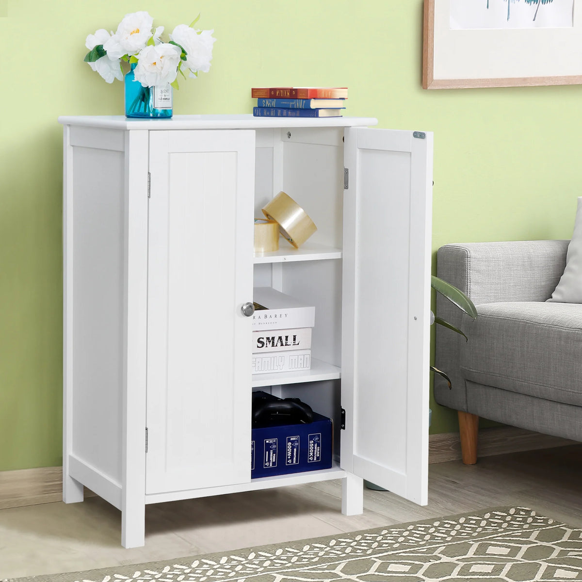 2-Door White Bathroom Floor Storage Cabinet with Adjustable Shelves H70317
